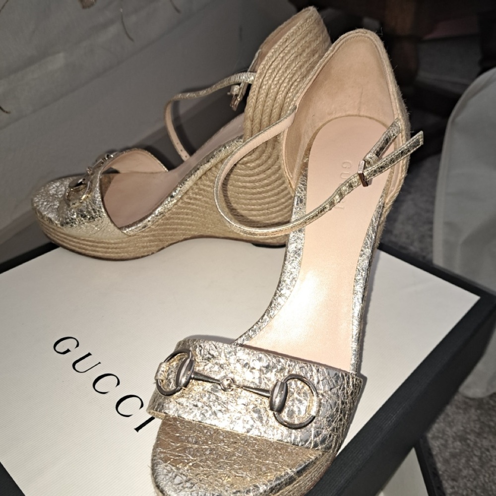 Gucci Gold Wedge Sandals with Horsebit Detail